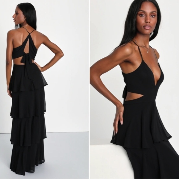LULUS Prom Wedding Bridesmaid Sexy Tiered Ruffles Black Maxi Dress - Picture 2 of 3